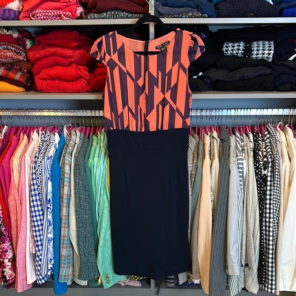 Mango black/orange/purple print back zipper/button closure cap sleeve dress S
